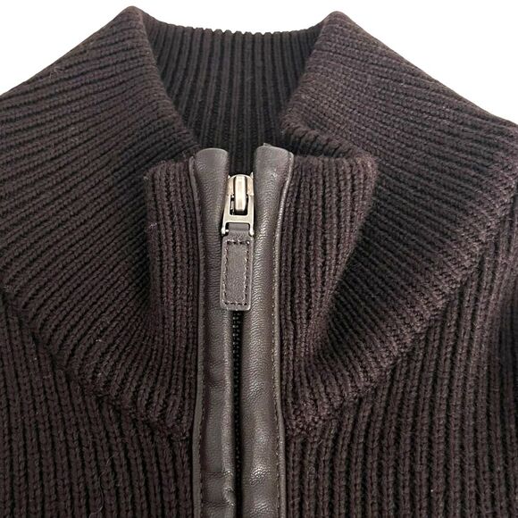 Cole Haan Mens Chocolate Brown Wool Cardigan Sweater XL Full Zip Leather Trim - Picture 5 of 10